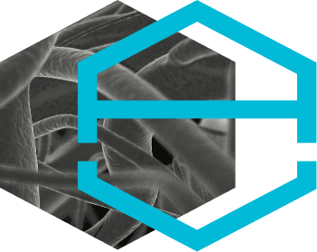 The hexagonal graphene lattice laid over a micrograph of the filter fabric's fibres.